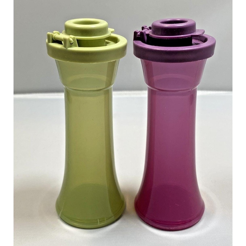 Vintage Tupperware Small Hourglass Salt & Pepper Shakers 4 " Tall, Purple Green